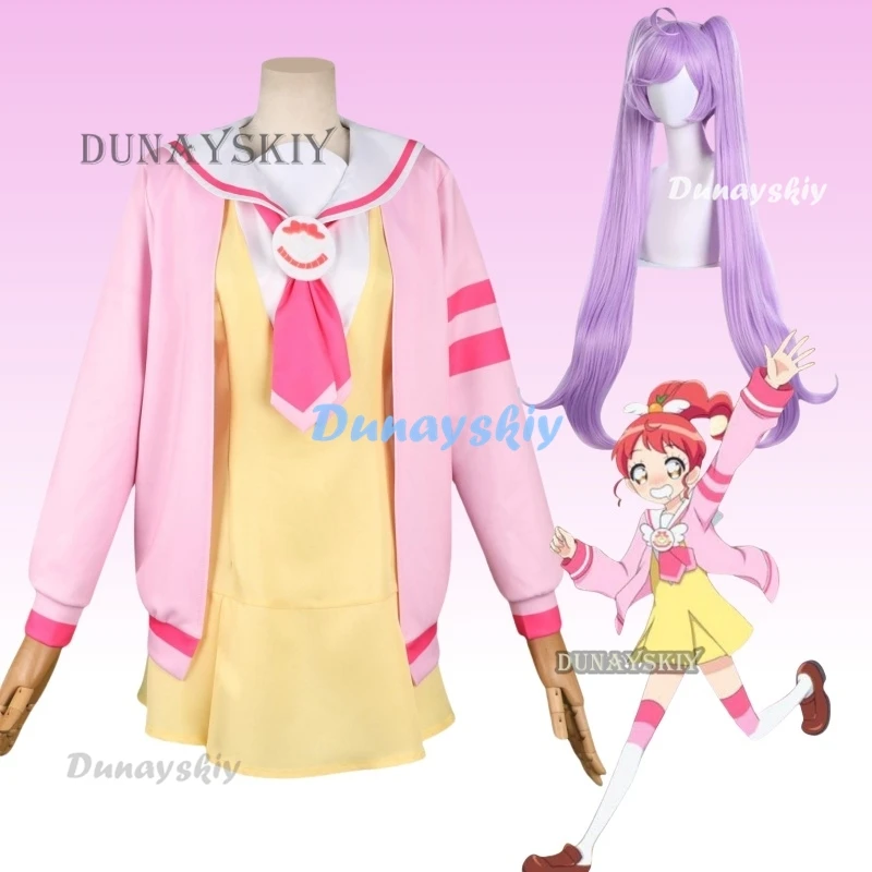 Anime Pripara Manaka Laala Cosplay Costume SoLaMi Smile Childhood Pink School Uniform Coat Yellow Dress Woman Lovely Campus Set