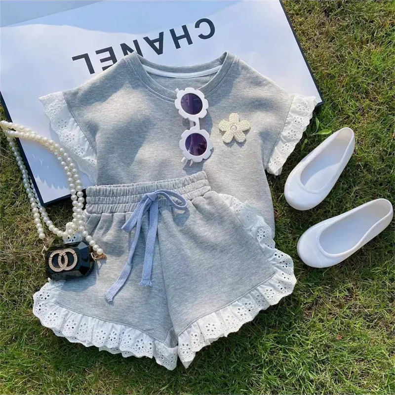 

Girls' Lace Trim Short Sleeve Shorts Set Summer New Children's Summer Outfit Sports Casual Two-Piece Set