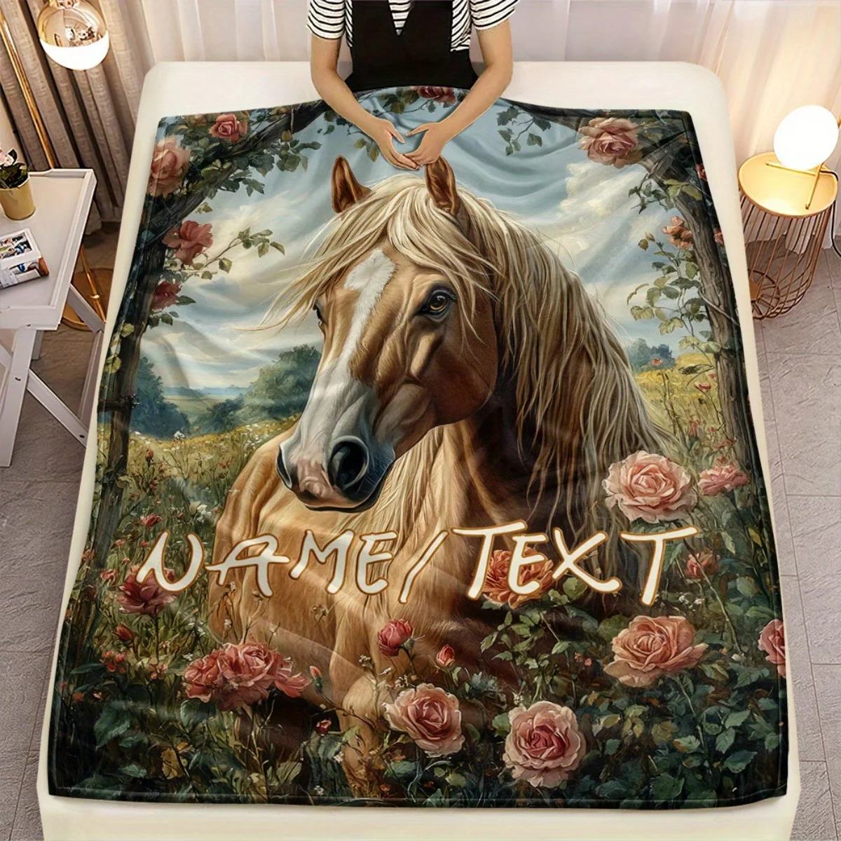 1pc Personalized Custom Name/Text Horse & Rose Meadow Print Flannel Throw Blanket - Soft Lightweight All-Season Bedspread