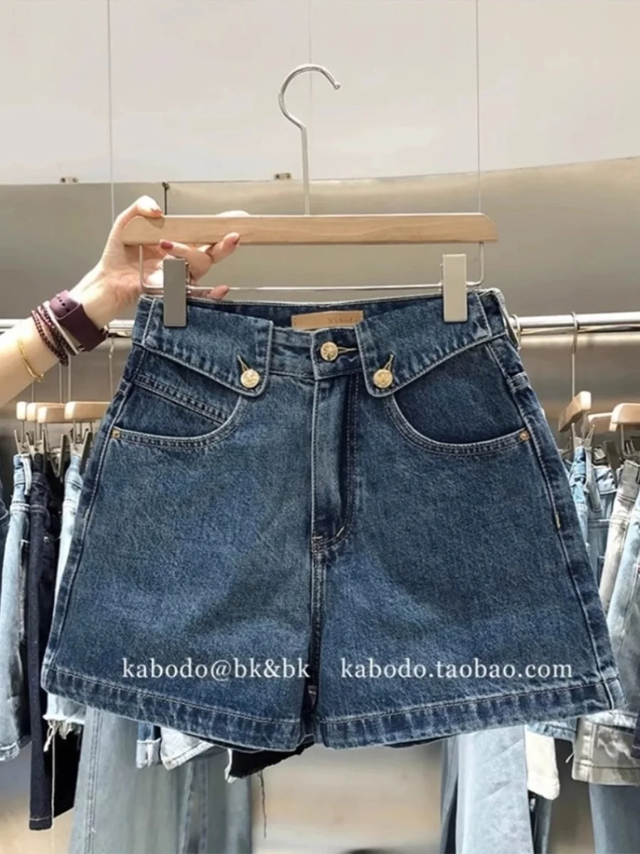 

American Style Denim Shorts High Waisted Flanging Golden Button A-line Hot Pants Women's Summer High Street Wide Leg Pants
