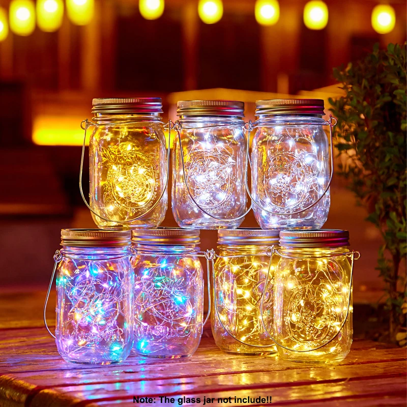 Solar Mason Jar Lights 20 LED Waterproof Fairy Firefly Jar Lid with Handles Lights For Patio Garden Wedding Decoration