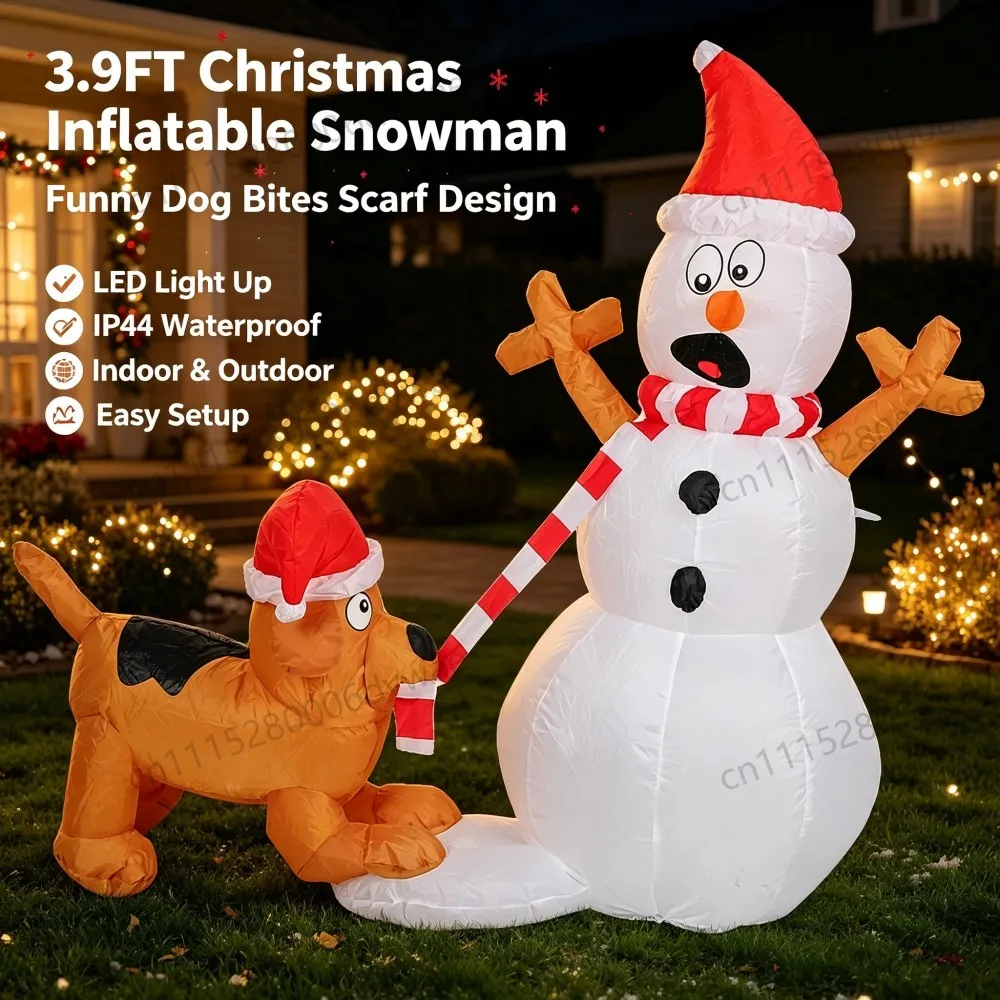 1.2M Inflatable Christmas Dog Bites Snowman Scarf Model Built-in LED Light Holiday Outdoor Yard Garden Party Fun Decorative Prop