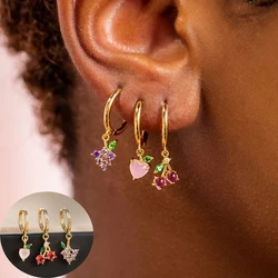3PCS Set Stainless Steel Zircon Cherry Pendant Earring Cute Apple Peach Charm Piercing Small Hoop Earring Fashion Jewelry aretes