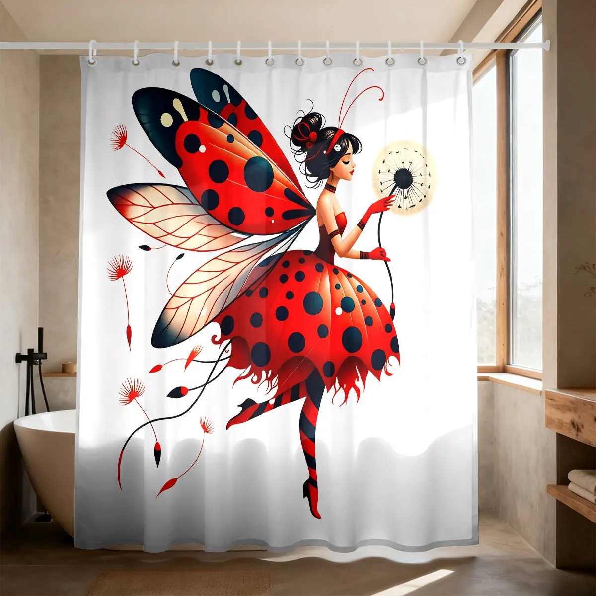 Fantasy Ladybug Wing Fairy Holding Dandelion On White Background Bath curtain, Cozy Soft Warm  for Bedroom
