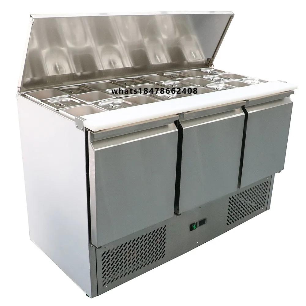 Stainless Steel Three-door Worktable Salad Bar and Refrigerator Refrigeration Equipment