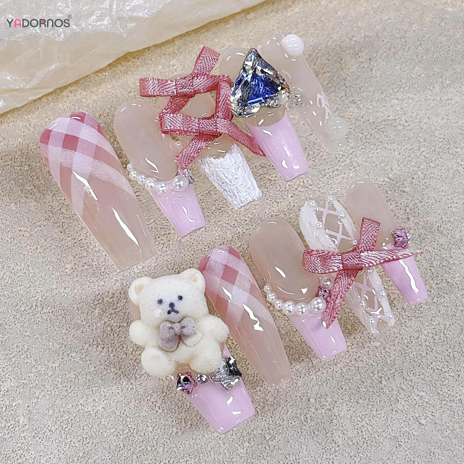 Pink Handmade Press on Nails French Style Fake Nails Cartoon Bear Silk Bowknot Pearls Rhinestone Star Design Wearable False Nail