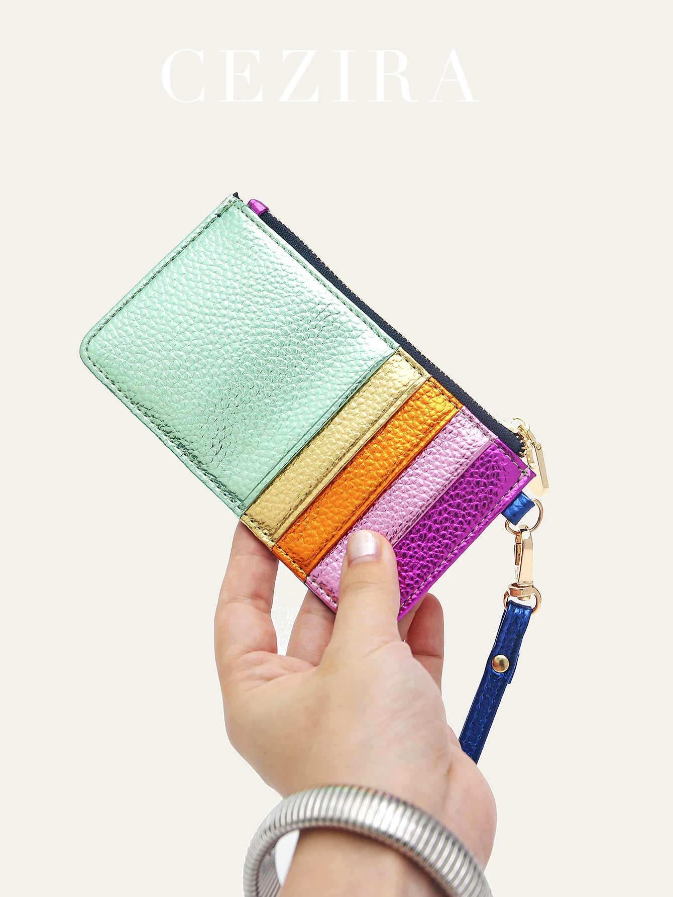 CR Women PU Ultra-light Colorful Glossy RFID Card Holder Zipper Mini Coin Purse Detachable Sling Strap Daily Outing Must-have
