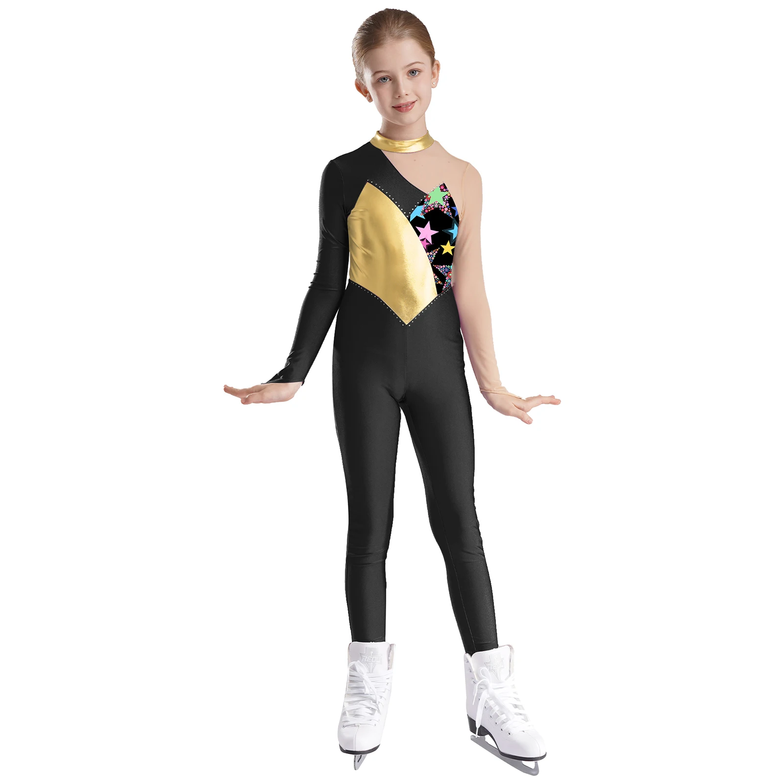 Teens Long Sleeve Figure Skating Bodysuit for Girls Kids Metallic Patchwork Printed Rhythmic Gymnastics Jumpsuit Dance Leotard