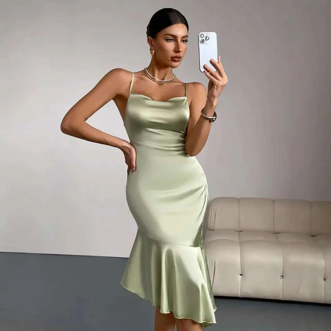 2025 Ruffled Satin Dress for Women's New Light Luxury Niche New French Fishtail Dress Woman 2025 Summer Dress Robe Vestido Women