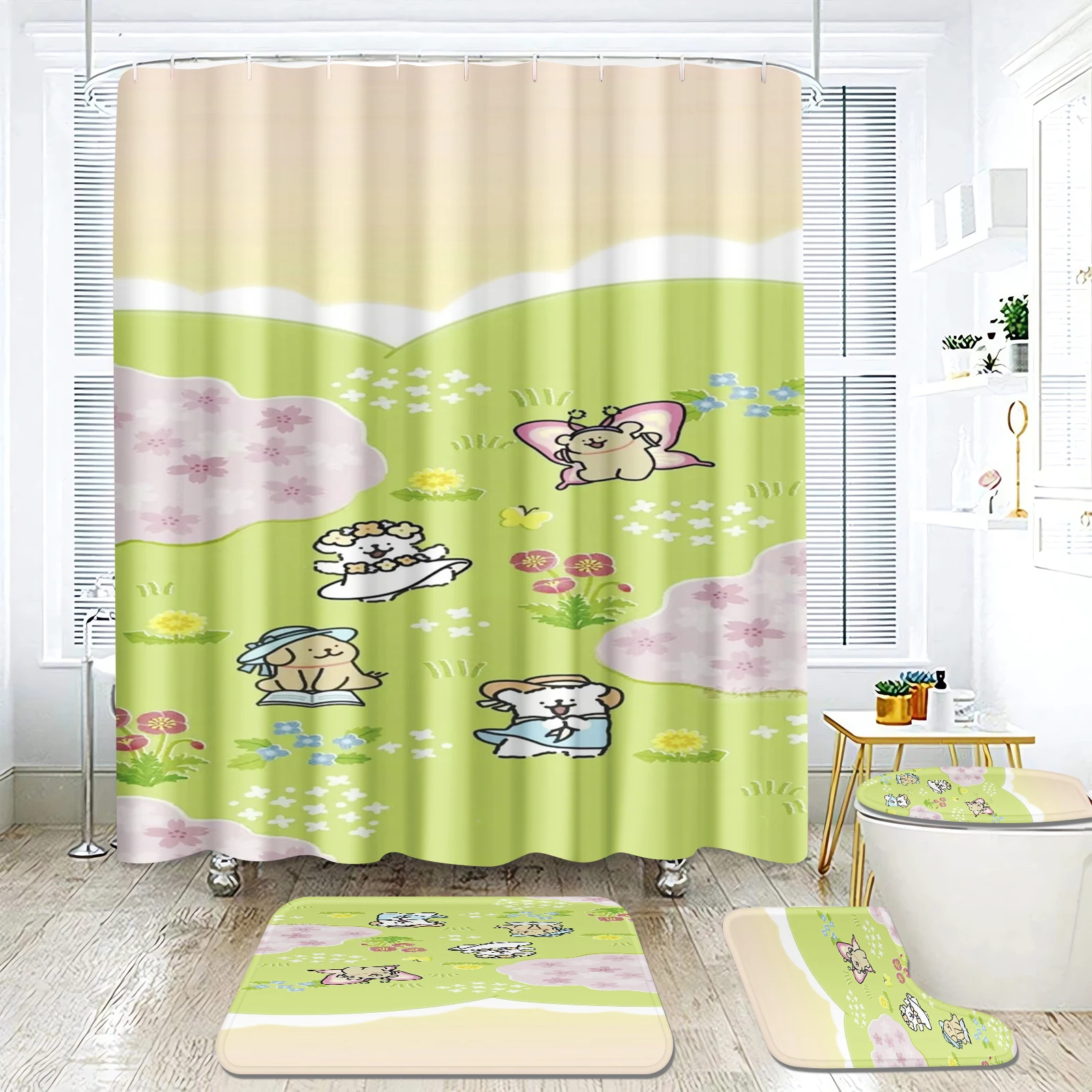 Chiikawa Shower Curtain Bath Mats, Various Sizes, Kawaii Bathroom Cartoon, Great Gift for Kids, 100% Polyester, 4 Piece Set