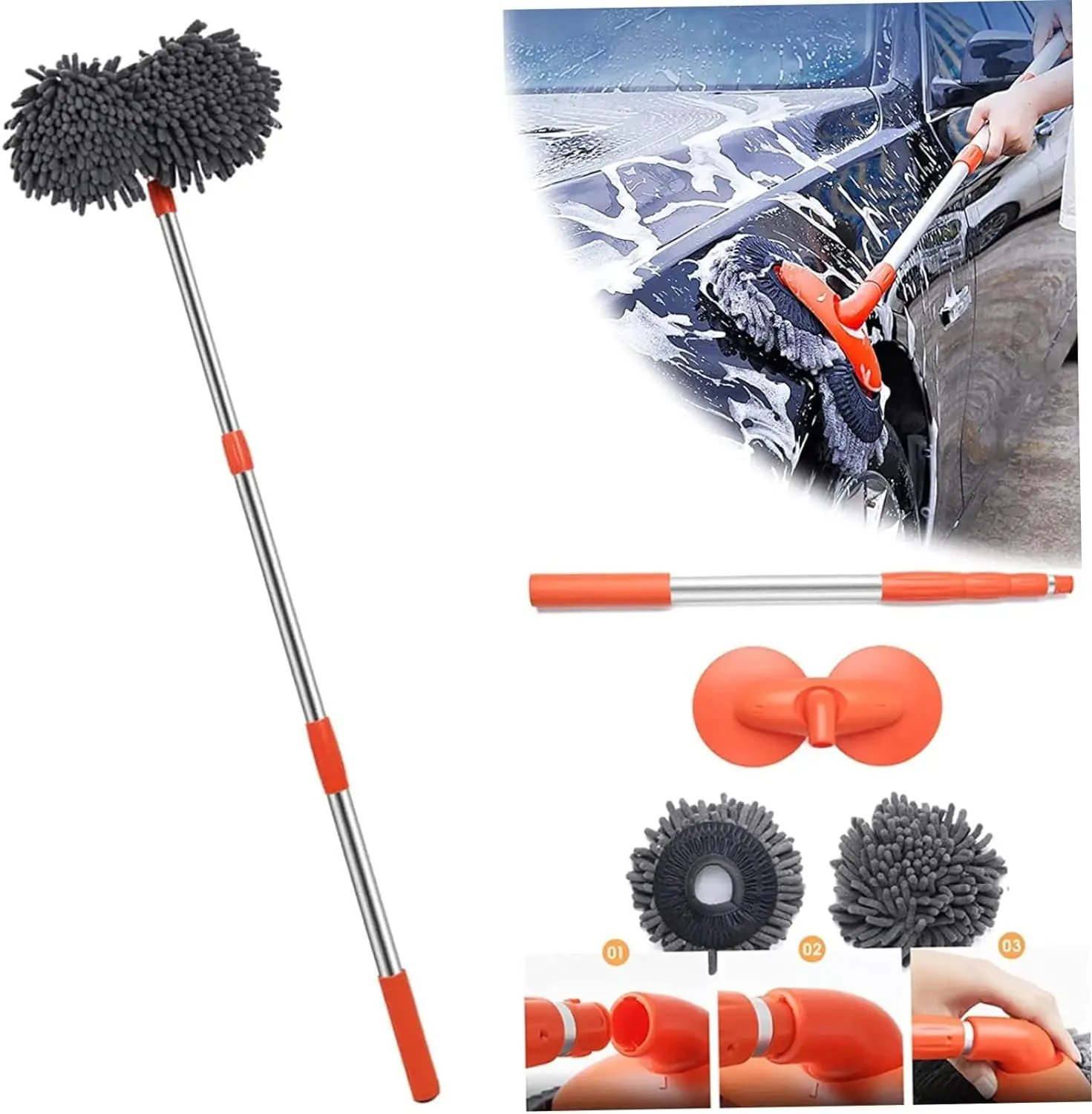 Double Brush Head Car Washing Mop Rectratable Telescopic Rotating Mops Roof Window Cleaning Maintenance for Car Wash Accessories