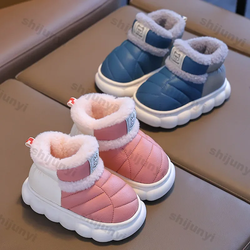 Sepatu bot katun untuk anak-anak, sepatu bot salju sol tebal hangat baru musim dingin bahan kulit PU tahan air antiselip kasual