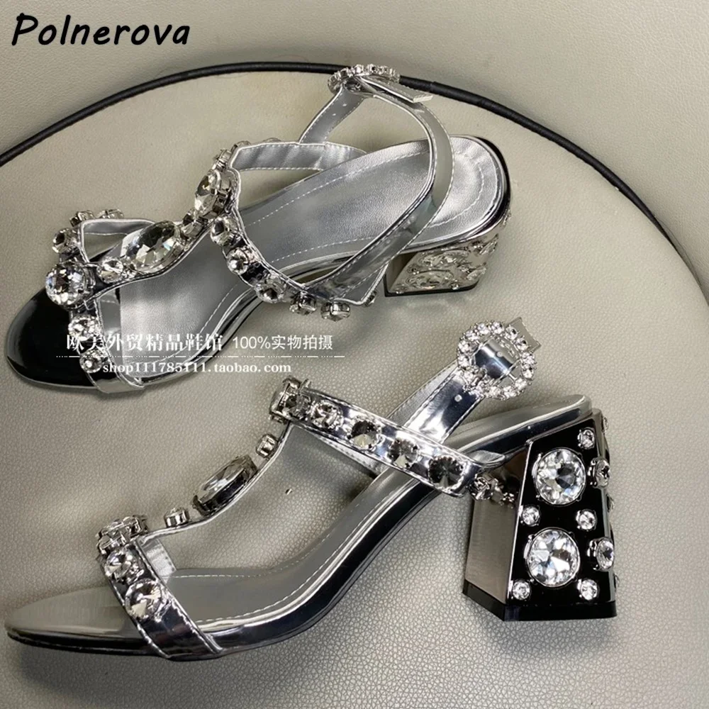 Rhinestone T Strap Gold Silvery Sandals Round Toe Chunky Heels Buckle Strap Slingback Shoes Women's Luxury Crystal Summer Shoes