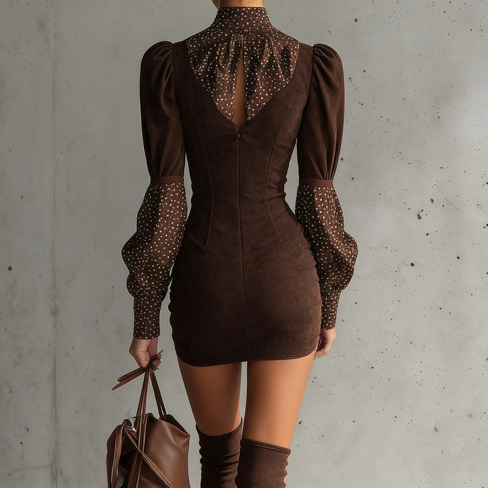 ชุดเดรสผู้หญิงสีกรมท่า ผ้ากำมะหยี่ ลายจุด คอเต่า แขนพอง ทรงเข้ารูป สำหรับงานเลี้ยงกลางคืน ปี 2026 ชุดเดรสทันสมัย สวยเก๋