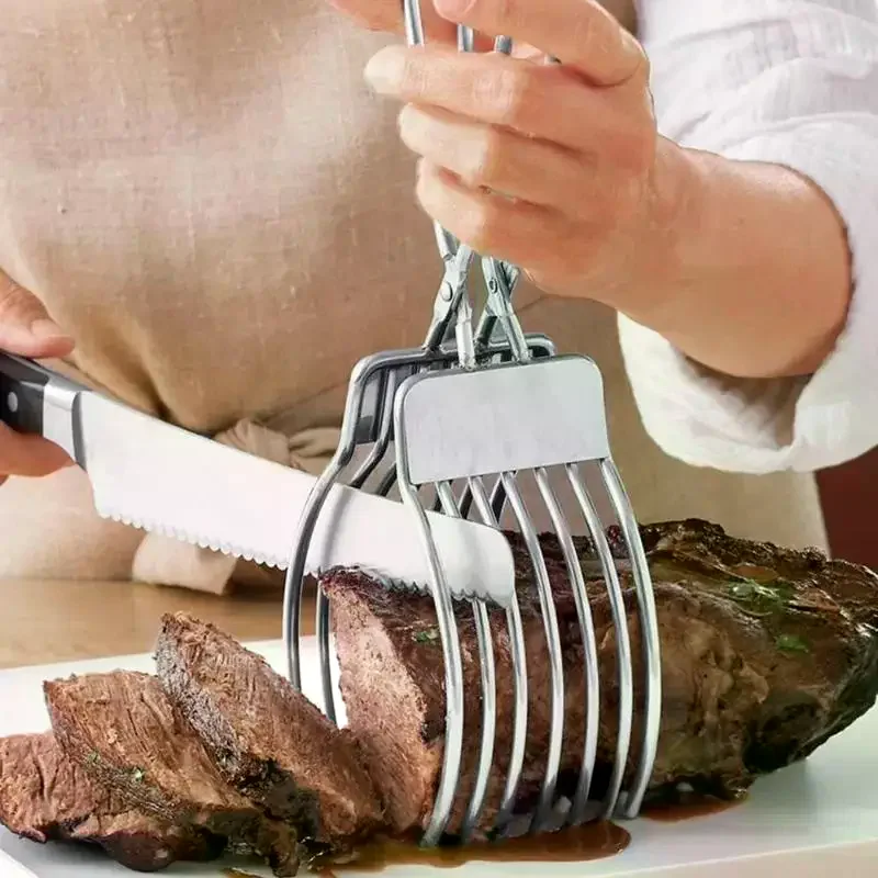 1Pcs Stainless Steel Roast Meat Bread Cutting Tongs Effortless Slicing Food Holder Handheld Cheese Cutter Kitchen Supplies
