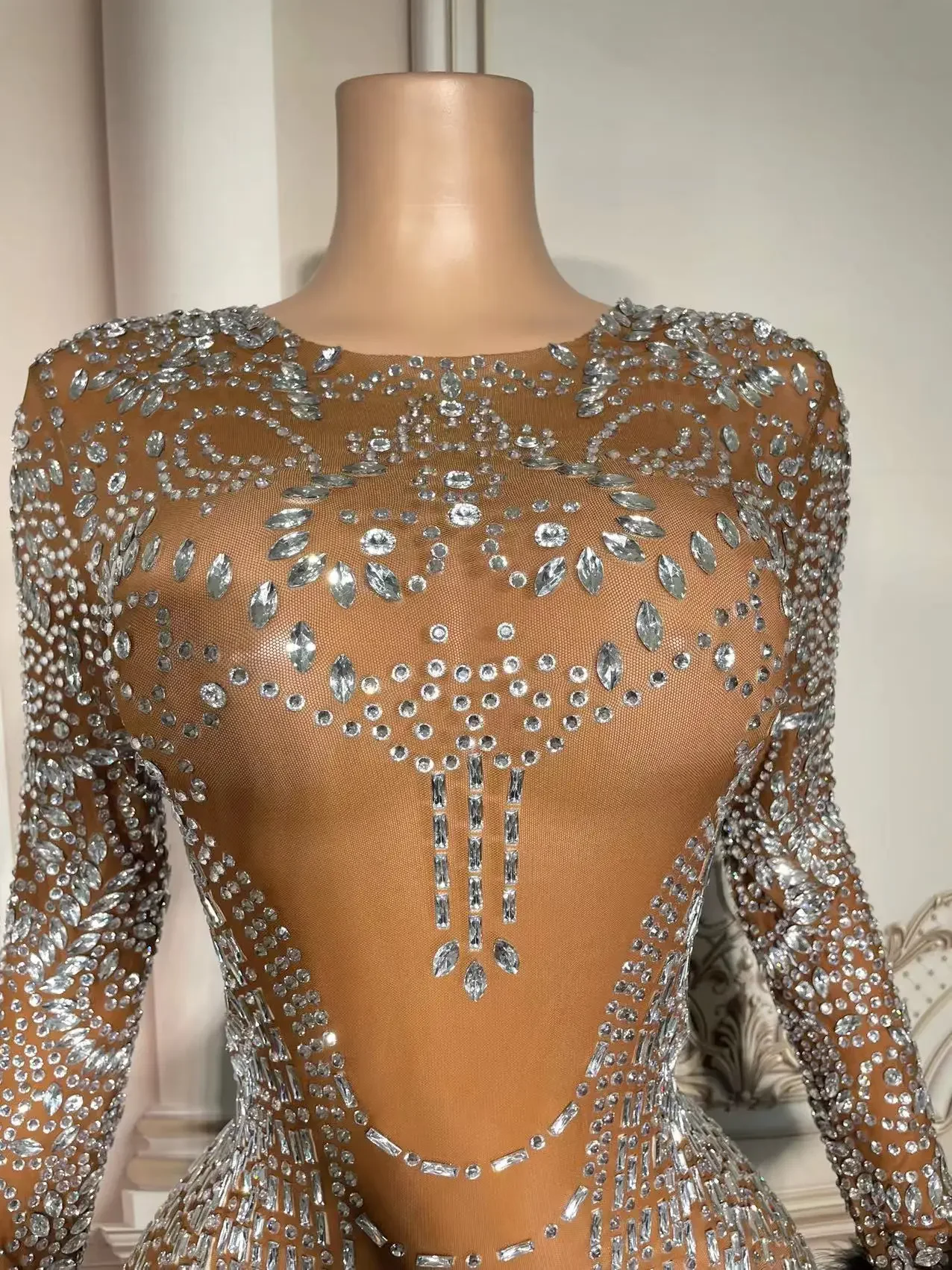 Diamond Dress Show girl costume Party Outfit Silver Crystals Black Feather Evening Birthday Celebrate Dress Stretch Outfit