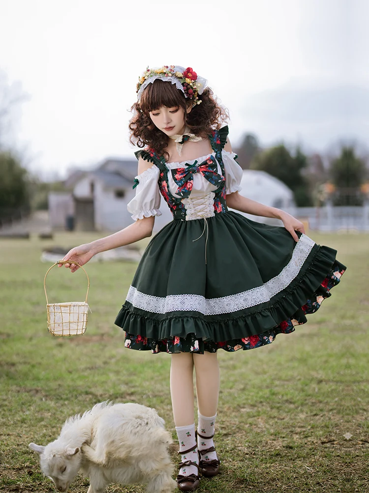 

Original Lolita Sweet Fake Two Piece Lo Dress Cos Japanese Cute Countryside Style Op Dress With Puji