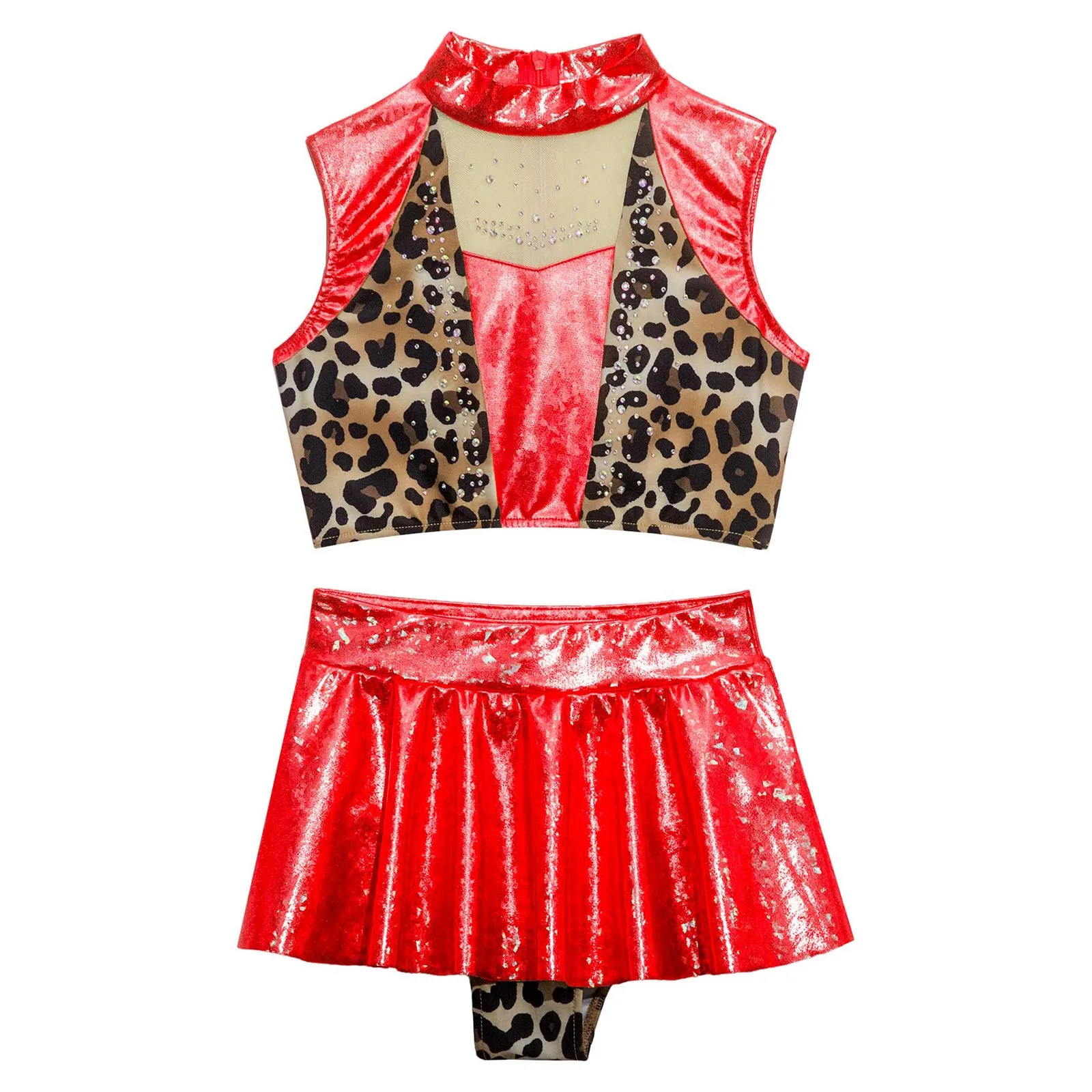 Teen Girls Hip Hop Jazz Dance Performance Costume Metallic Shiny Rhinestone Mesh Crop Tank Top with Culottes Cheerleading Outfit
