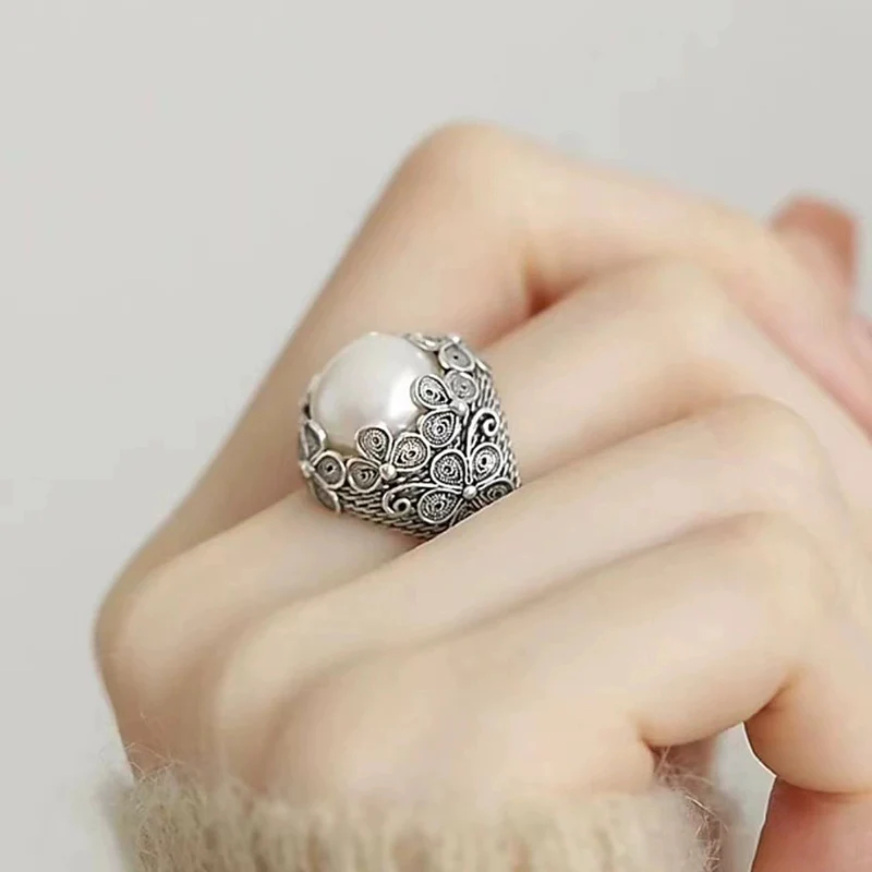 Retro Flower Pearl Ring for Women Ethnic Style Floral Silk Index Finger Jewelry Fashionable Versatile Thai Silver Rings KOFSAC