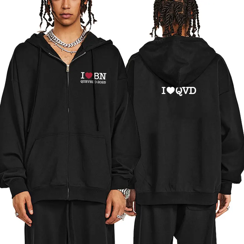 

I Love Bn Quevedo 2025 Zipper Hoodie Men Women Hip Hop Fashion Pop Music Zip Up Jacket Men's Casual Vintage Zip Up Sweatshirt