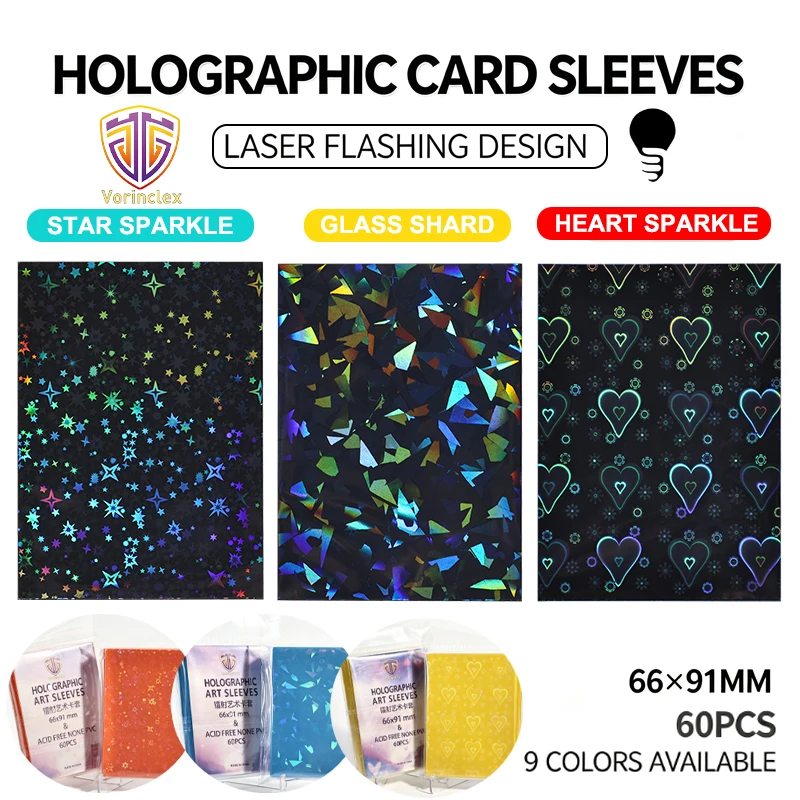 60 Stück 66x91mm Holographische Kartenhüllen Laser-Blitz-Designs Stern Herz Glasscherben für TCG PTCG MTG