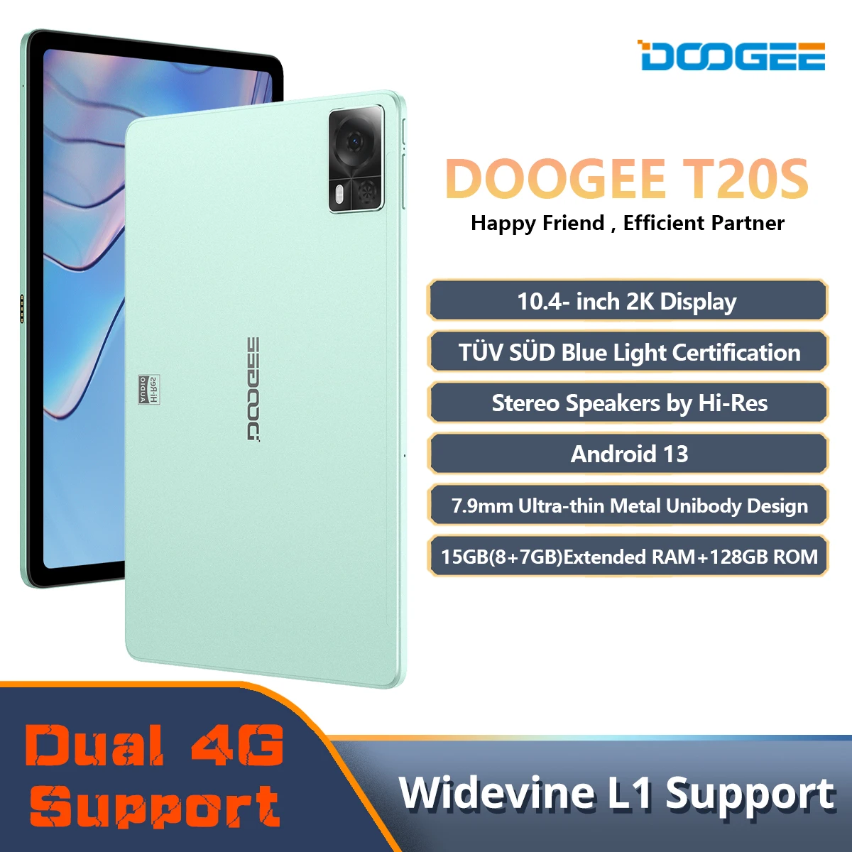 DOOGEE-Tablet PC com Colunas de Alta Resolução, T20S, Tela 2K de 10,4 pol, TAV, Certificado SD, 8GB, 128GB, 7500mAh, Câmera de 13MP, Alta Resolução, 7.9mm Corpo