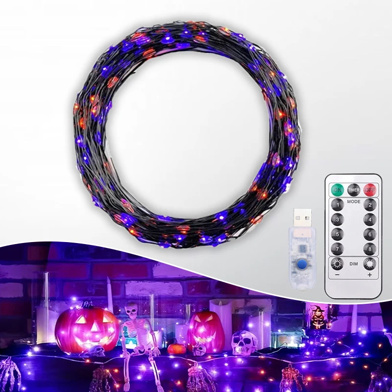 

100LEDs Halloween Lamps Black Wire String Light Purple Fairy String Lamp 8Modes Indoor Christmas Garland Party Decoration