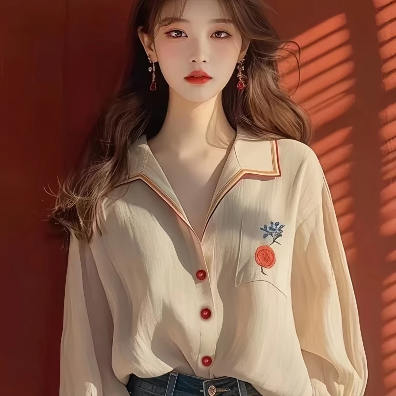 เสื้อเชิ้ตชีฟองสไตล์เกาหลี แขนยาว ทรงหลวม สบายๆ คอปกพับ ติดกระดุมเม็ดเดียว เหมาะสำหรับใส่ไปทำงาน ทรงเข้ารูป รุ่นใหม่ล่าสุดสำหรับฤดูใบไม้ผลิ