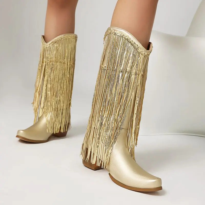 ORCHA LISA النساء هامش الركبة الأحذية جولة تو 5 سنتيمتر كعب مكتنز الانزلاق على شرابة الذهب حجم كبير 46 ربيع الخريف موضة يؤرخ نمط