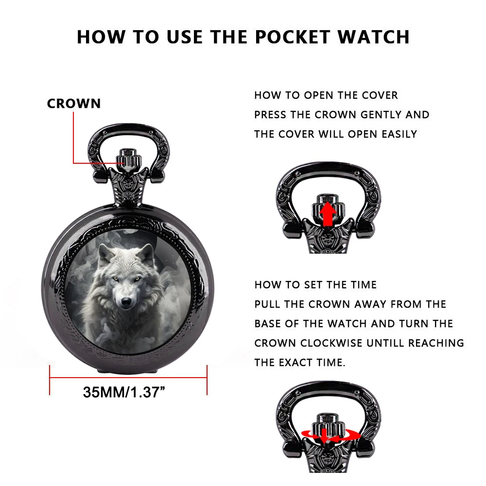 Delicate Gifts Quartz Pocket Watch Wolf Design Glass Dome Necklace Pendant Clock for Mens Womens