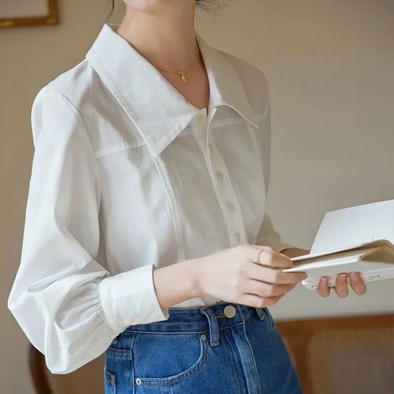 

Женская блузка из хлопковой смеси с воротником, длинными пышными рукавами, приталенного кроя, для офиса и повседневной носки