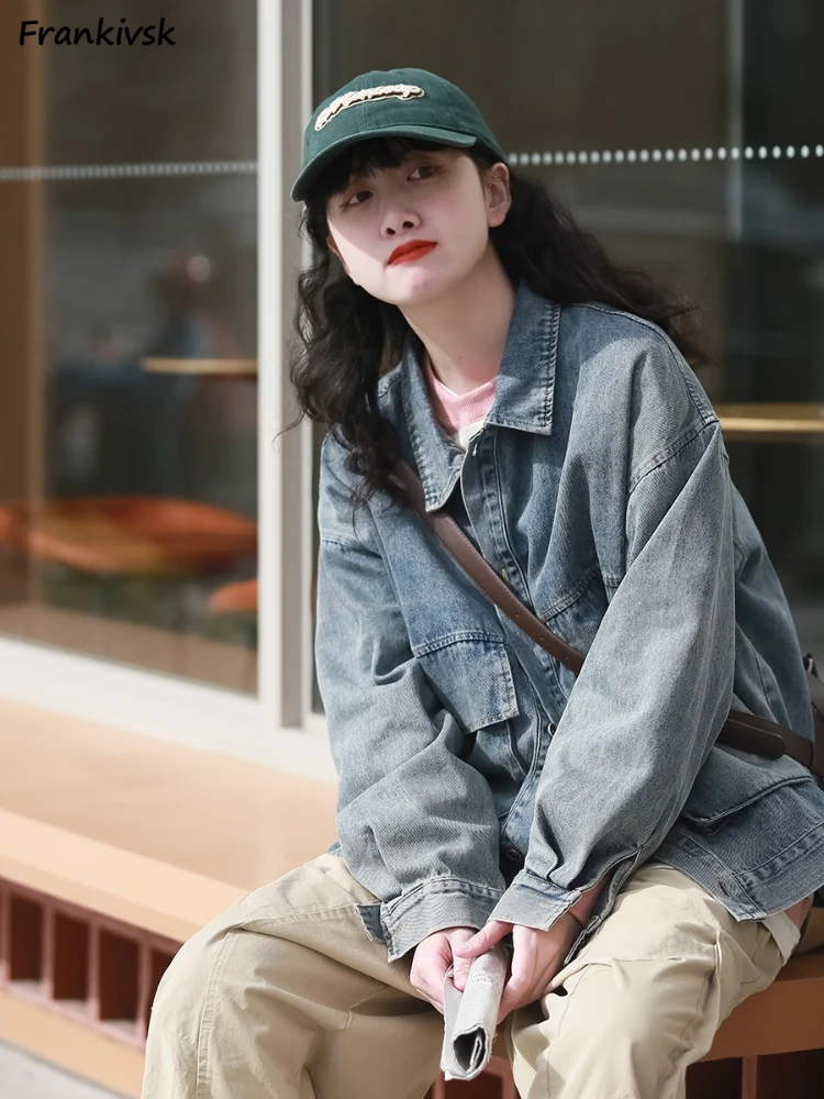 S-3XL Denim Jackets Women Autumn Baggy Pockets Streetwear Boyfriend Japanese Style Girlish Versatile Retro Bleached Aesthetic