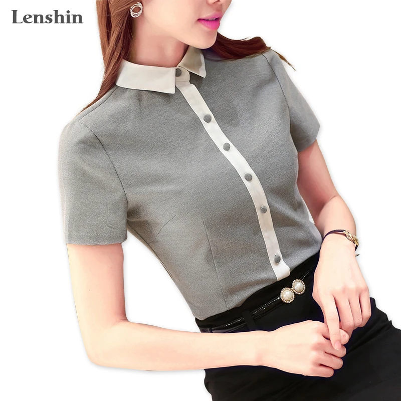 Lenshin Cotton Shirt Casual Style New Fashion Short Sleeve Blouse Contrast Collar Tops Women Summer Wear