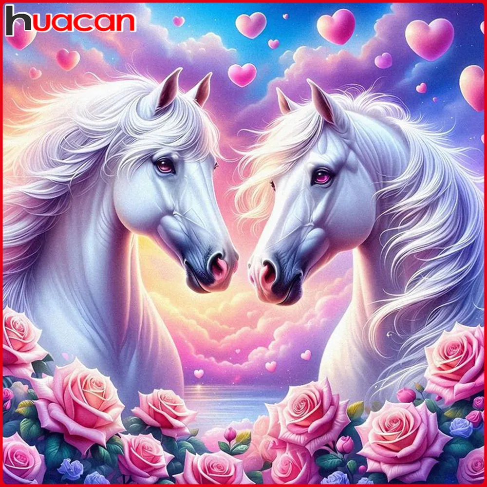 Huacan Vollquadrat Rundes Diamantgemälde Pferd Rose Diamant Mosaik Tier Blume Vollständiges Bild von Strasssteinen