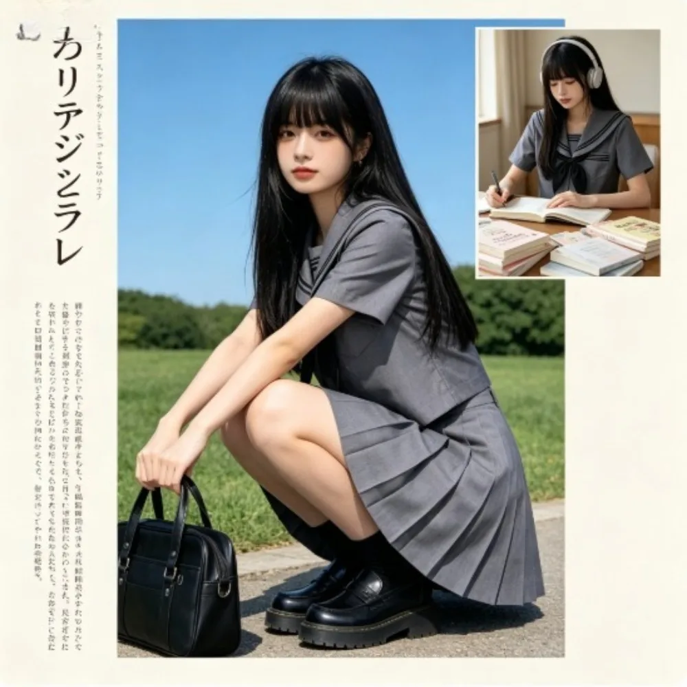 キャンパス学生服-グレー-jk制服セット、半袖トップス-プリーツスカート-カレッジスタイルスーツ-日常学校着用