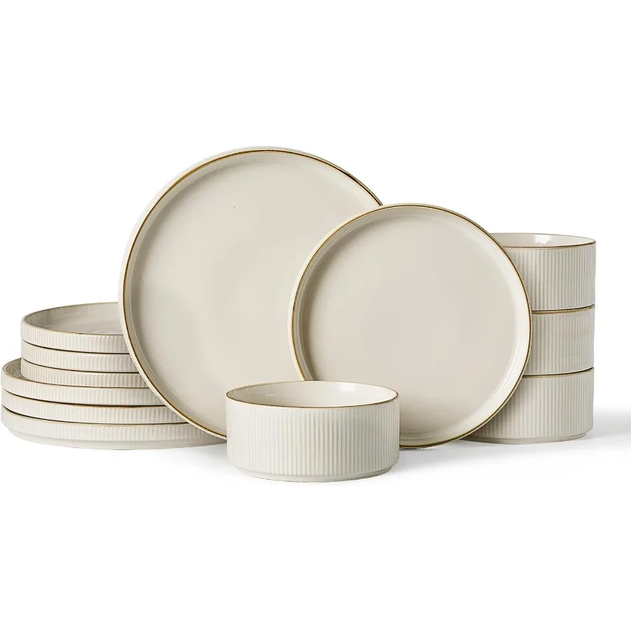 Star Dinnerware Set Plates and Bowls Sets for 4 12pcs Ribbed Stoneware Dishes Chip Scratch Resistant Microwave Dishwasher Safe