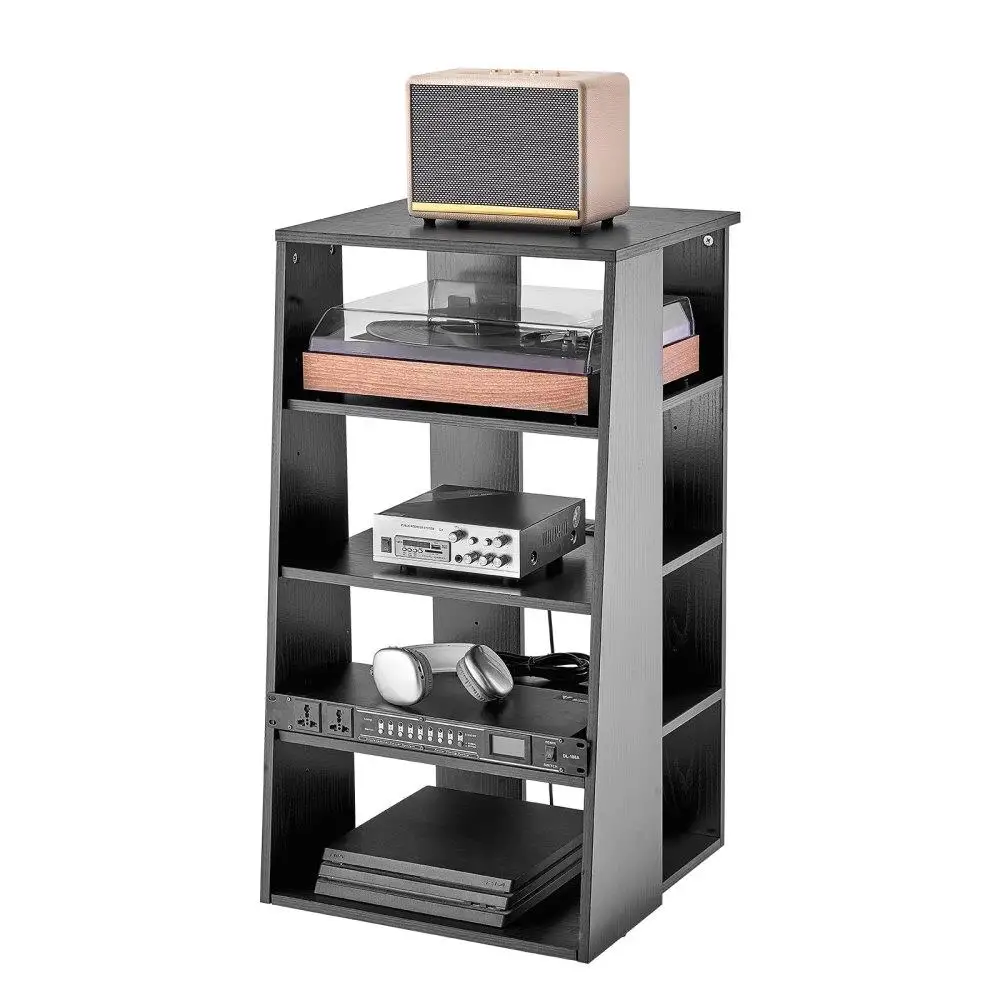 

5 Tier AV Media Stand Wooden Height Adjustable Media Storage Cabinet for gaming Room Black