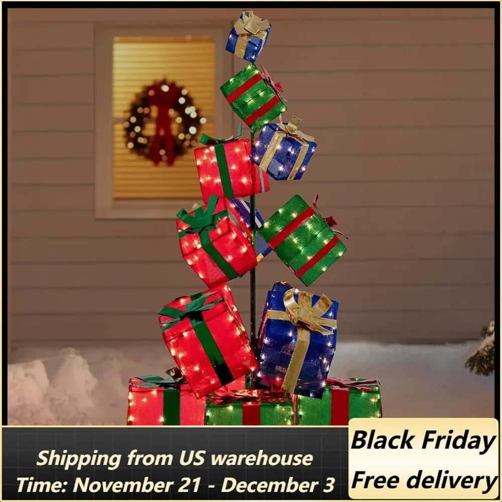 Christmas Lighted Stacked Gift Box, 3D Tinsel Santa Stacked Gift Box Outdoor Garden Yard Lawn Festive Holiday Deccoration