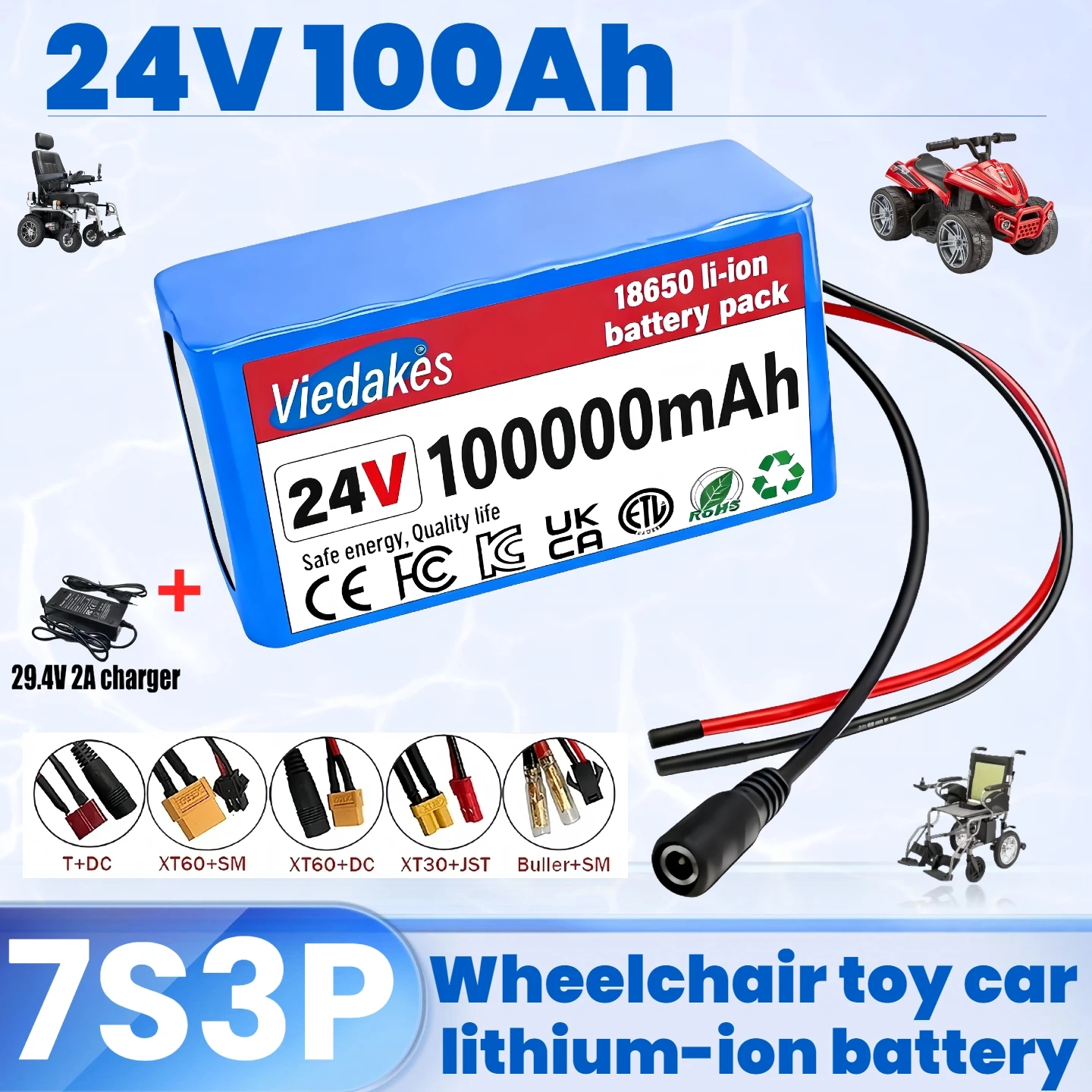 

Viedakes24V 7s3p 100Ah Rechargeable Batterysuitable for Wheelchair, RC model, scooter lithium Battery Pack✅ with 29V charger