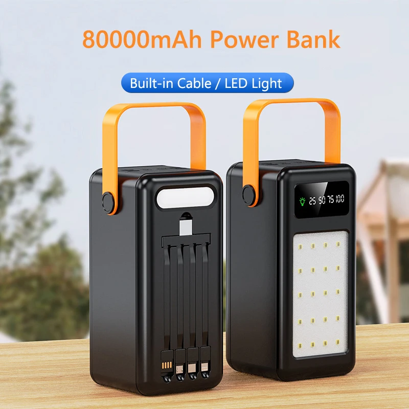 80000mAh Large Capacity Two-way Fast Charging Portable Charger Power Bank 50000mAh with LED Light for iPhone 14 15 Xiaomi Huawei