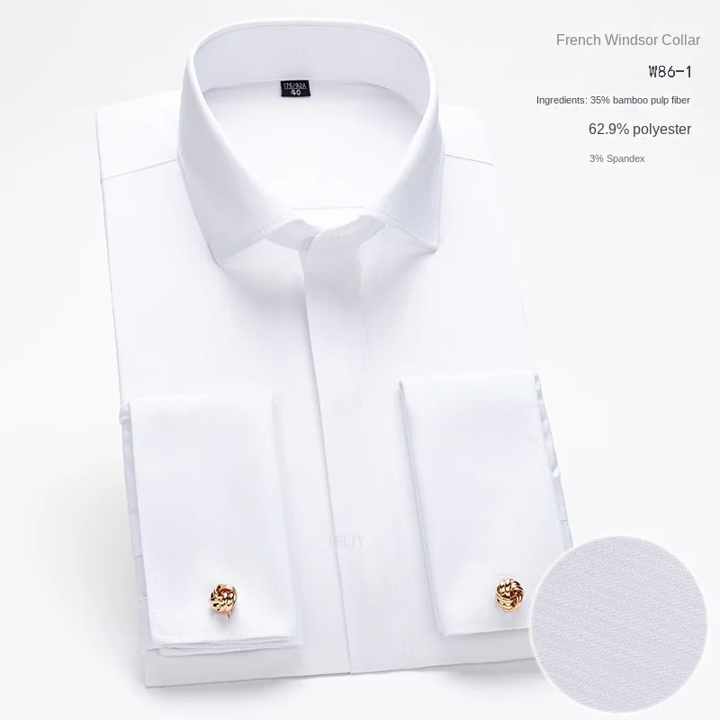 2024 Men\'s Long-sleeved Shirt Men\'s High-grade Niche Chic Double Folded Sleeve Windsor Collar Retro Business Dress French Cuffli