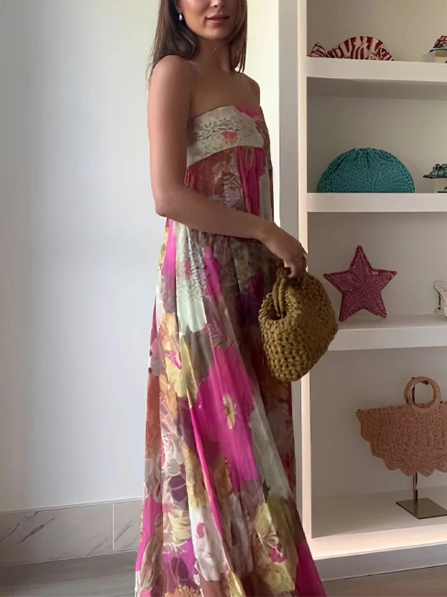 TWOTWINSTYLE Sukienki damskie z kwiatowym nadrukiem świątecznym, bez ramiączek, bez rękawów, z wysokim stanem, francuski temperament, długa sukienka damska, nowość