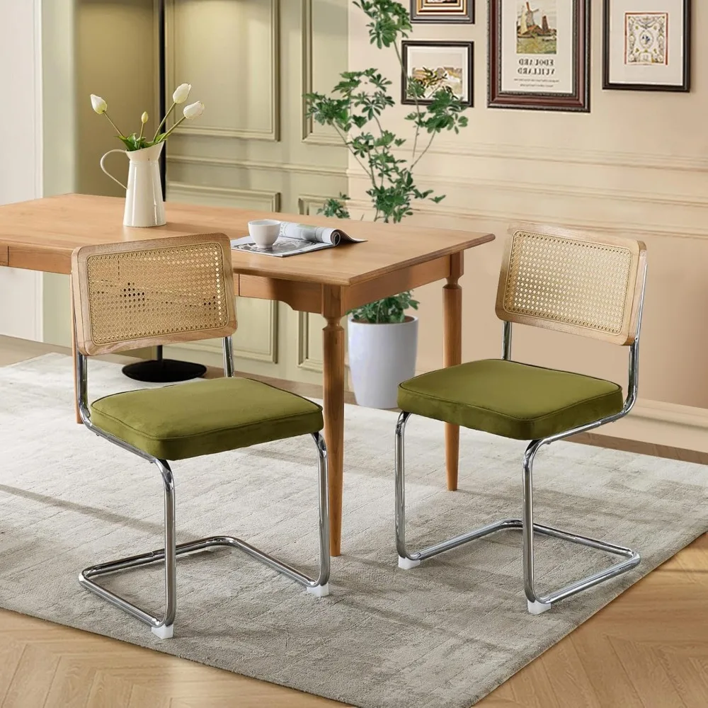 Velvet Dining Chair Set of 2 Modern Upholstered Kitchen Chair with Natural Rattan Cane Back, Stainless Chrome Base for Dining R