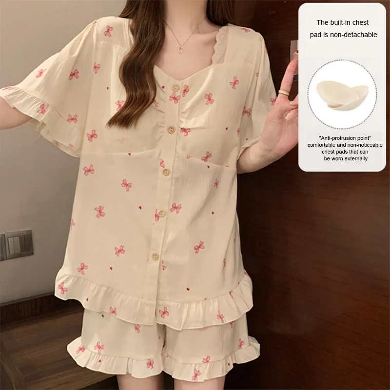 

2Pcs Summer Comfortable Pajamas For Women Sweet Cute Style Short Sleeve Shorts Homewear Korean Fashion Leisure Loungewear