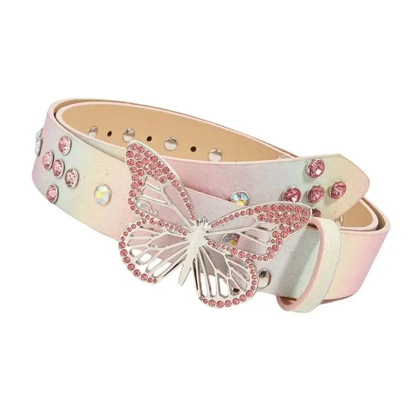 

652F Punk Rhinestones Buckle Belts Woman Jeweled Butterfly Waist Belts Western Cowgirl 2000s Girls Belt for Jeans Men