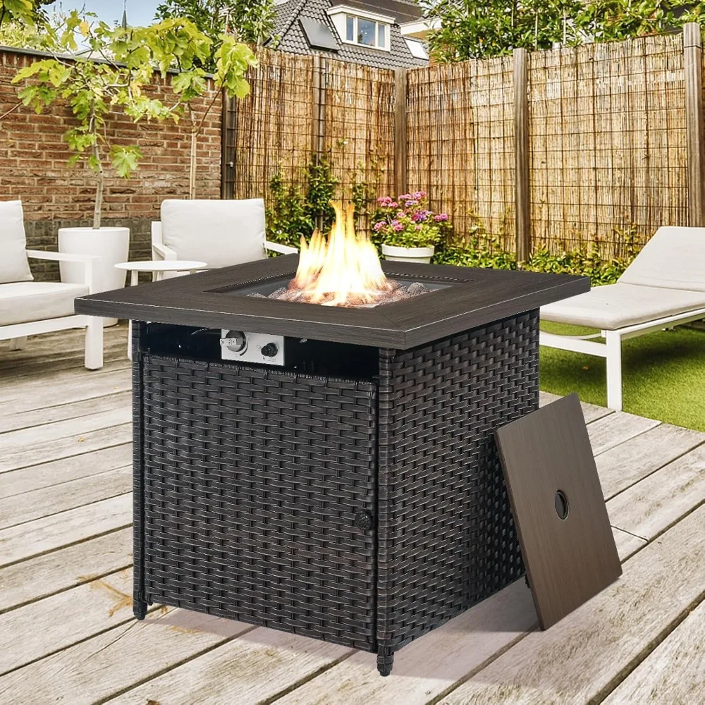 

30 Inch Propane Fire Pit Table, 50,000 BTU Outdoor Wicker Fire Pits with Removable Lid and Lava, Fire Pit