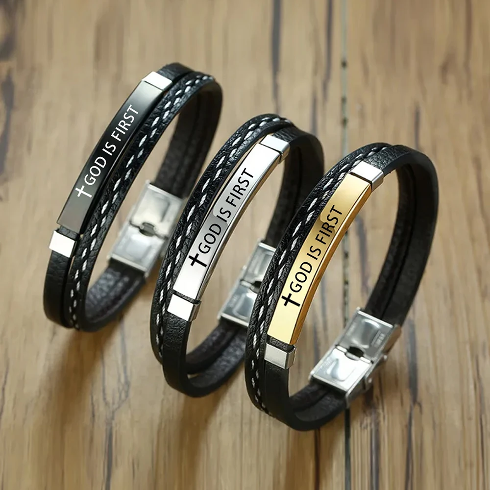 Christian Cross Bible Verse Leather Bracelet Black Stainless Steel Inspirational Faith Bracelets For Men Women Jewelry