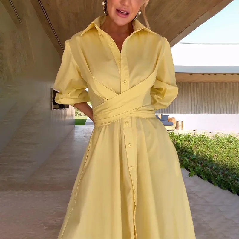 春夏新作 無地シャツワンピース レジャー ゆったり シングルブレスト レースアップ マキシ丈ワンピース トレンド ラペル 長袖 パーティードレス