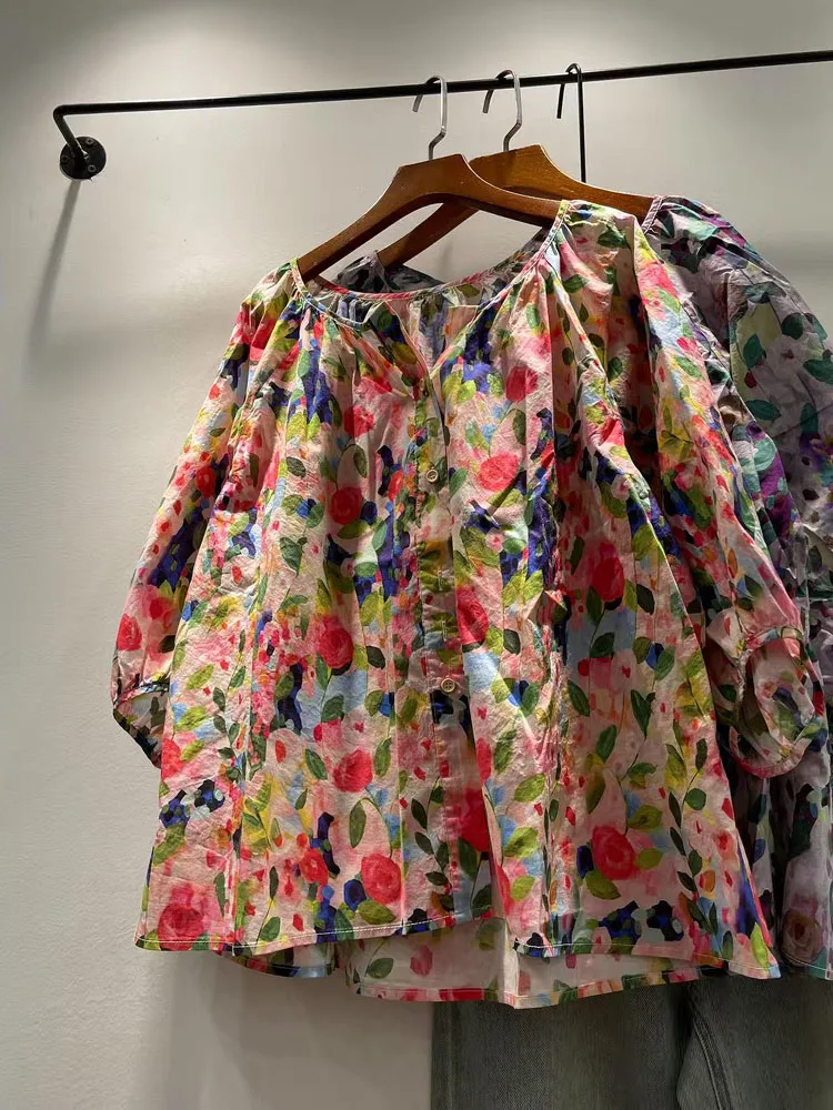 

Summer 2025 Women's round Neck Short Sleeve Printed Shirt Korean Style Loose Fit Pure Cotton Casual Top Five Buttons Design