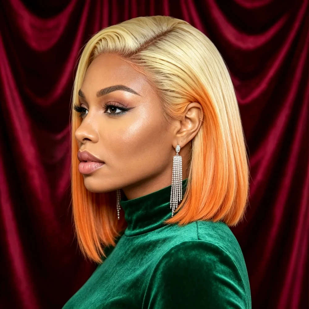 13x4-lace-front-ombre-blonde-to-orange-bob-human-hair-wig-200-density-pre-plucked-straight-colored-bob-wigs-for-women